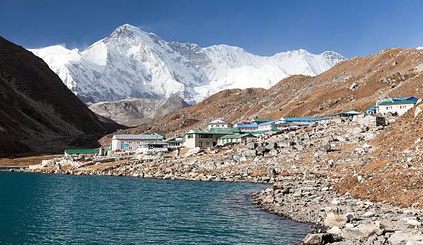 Awe-inspiring view of Mount Cho Oyu, the sixth-highest mountain in the world, with the snow-capped top reflected in the serene, clear waters of a neighboring lake and a tranquil, blue sky in the background. The untamed topography and surrounding scenery offer a sharp contrast to the serene scene.