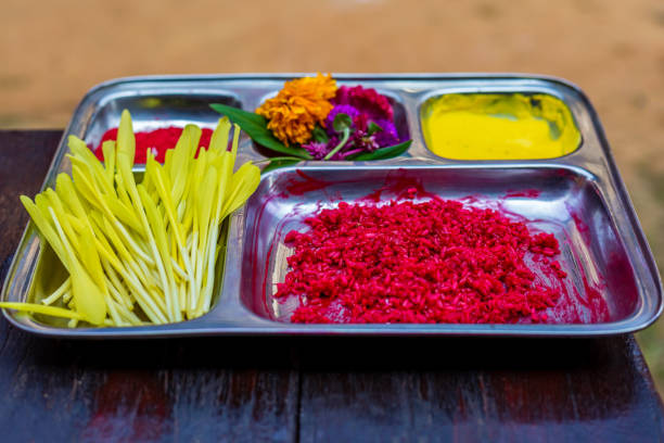 Close-up of Dashain Tika, a mixture of yogurt, rice, and vermillion, applied on a person's forehead symbolizing blessings during the Nepali festival of Dashain.