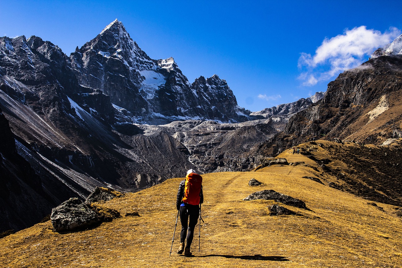 winding trail lined with prayer flags that leads to Mount Everest's lofty summits and is bordered by rough terrain.