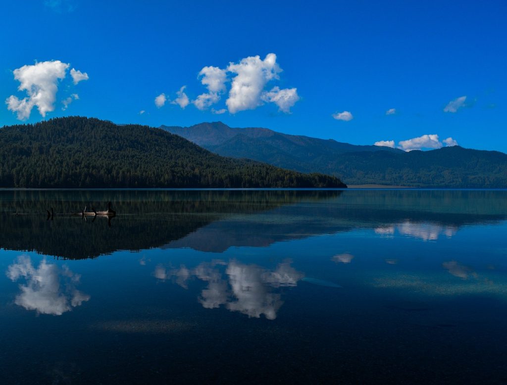 Stunning aerial view of Rara Lake's pristine blue waters surrounded by verdant pine forests and undulating mountain ranges.