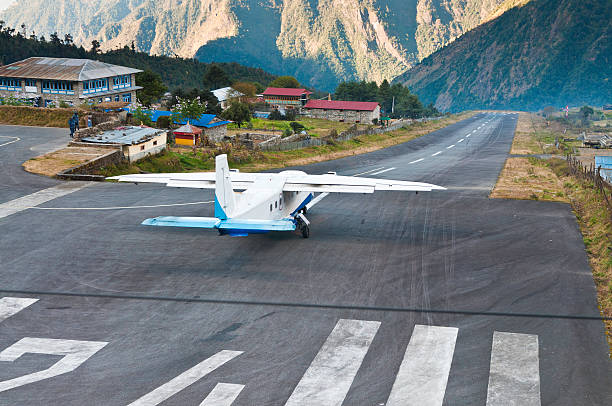 Lukla Airport, a tiny alpine airport surrounded by difficult terrain and Himalayan peaks, as seen from above. The airport's tiny runway can be seen, bordered by hills and situated among the gorgeous scenery.