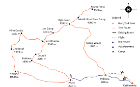 detailed trek route map of Mardi Himal, showcasing the winding trails, majestic peaks, and key landmarks along the trekking route.