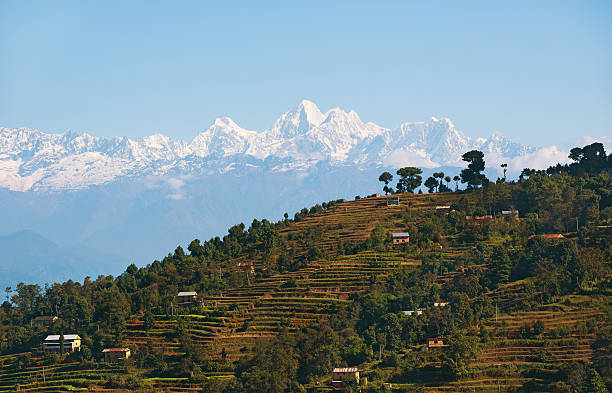 Panoramic view of snow-capped mountain ranges seen from Nagarkot hills during sunrise, with lush green foreground and a vibrant sky.