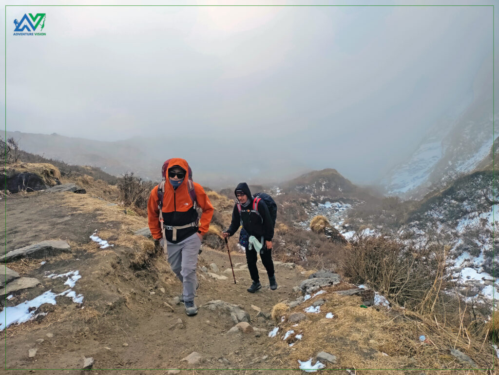 Embracing the journey, step by step! Trekkers on the path to Annapurna Base Camp, surrounded by stunning Himalayan beauty.