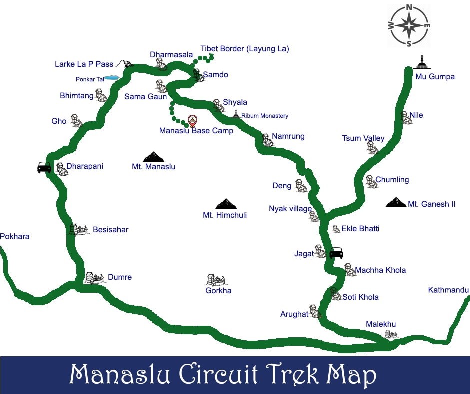 Manaslu Circuit Trek Map – A detailed route through Nepal’s remote highlands, showcasing trails, passes, villages, and cultural highlights.