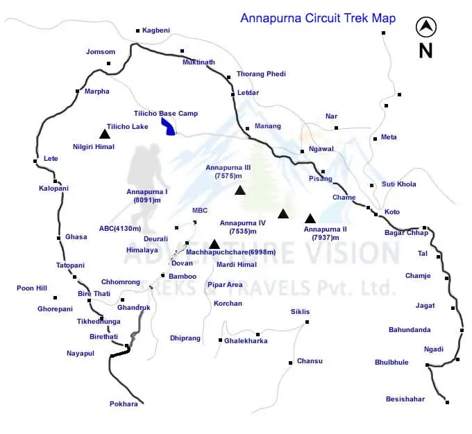 Annapurna Circuit Trek route map showing major stops, passes, and elevations along the trail in Nepal.