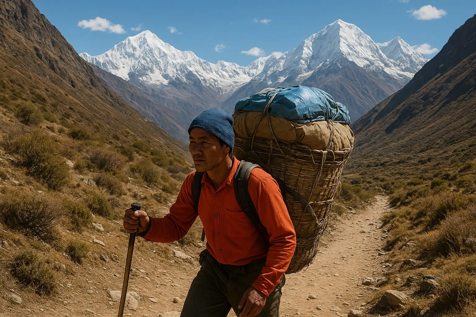 Porter carrying heavy loads along the Annapurna Circuit trail/