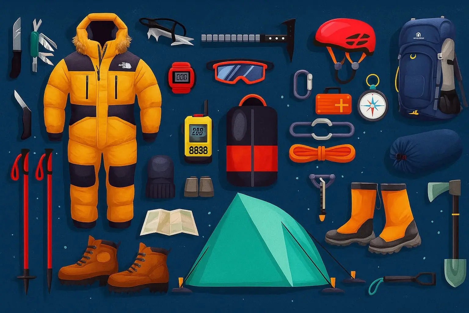 Backpack and trekking gear laid out for Everest Base Camp trek, including clothes, boots, and essentials.