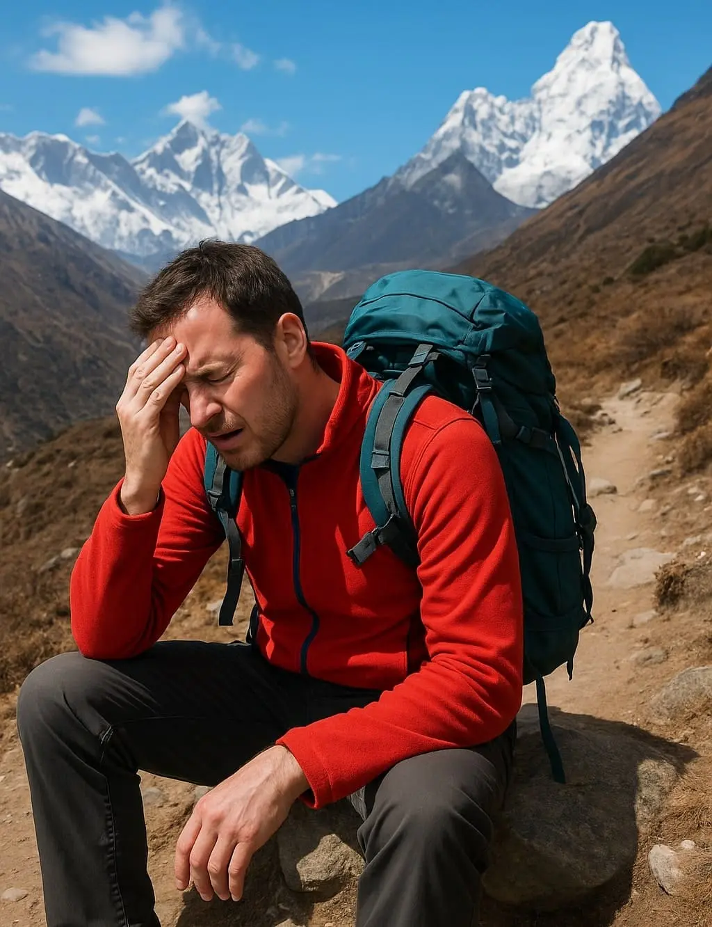 Trekker sitting on the Himalayan trail near Everest Base Camp holding his head, showing signs of altitude sickness and fatigue.