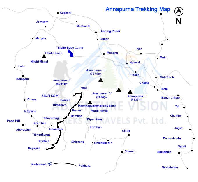 Route map of Annapurna Base Camp Trek - 13 Days