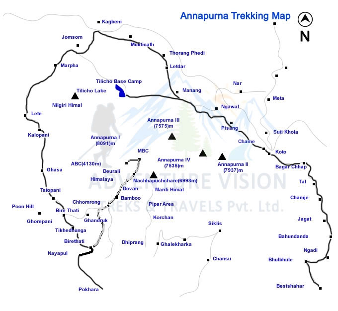 Route map of Annapurna Circuit with Tilicho Lake Trek