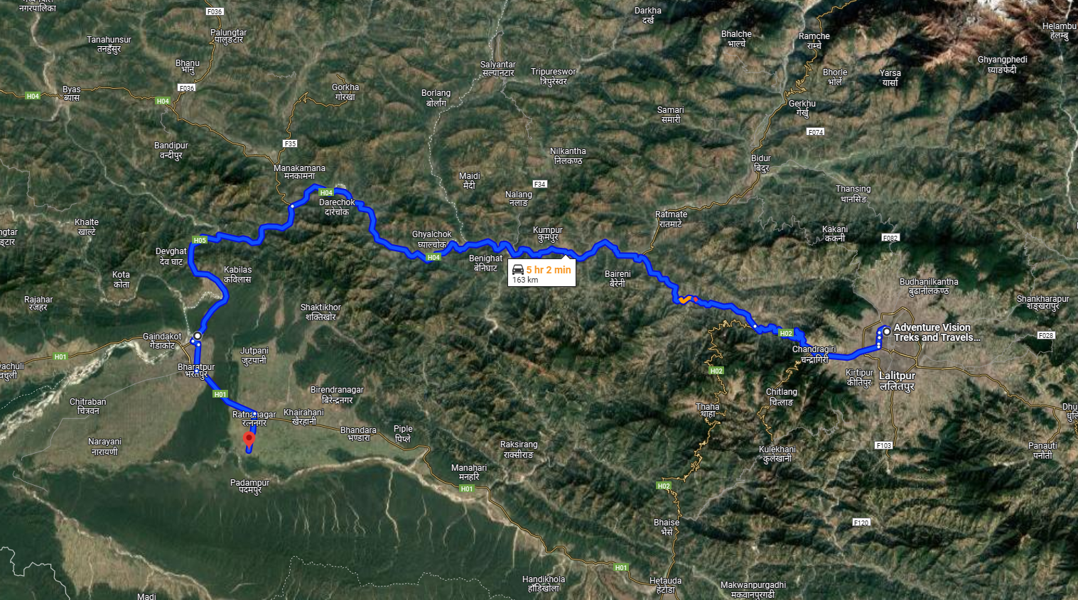 Route map of Kathmandu Chitwan Vehicle Booking