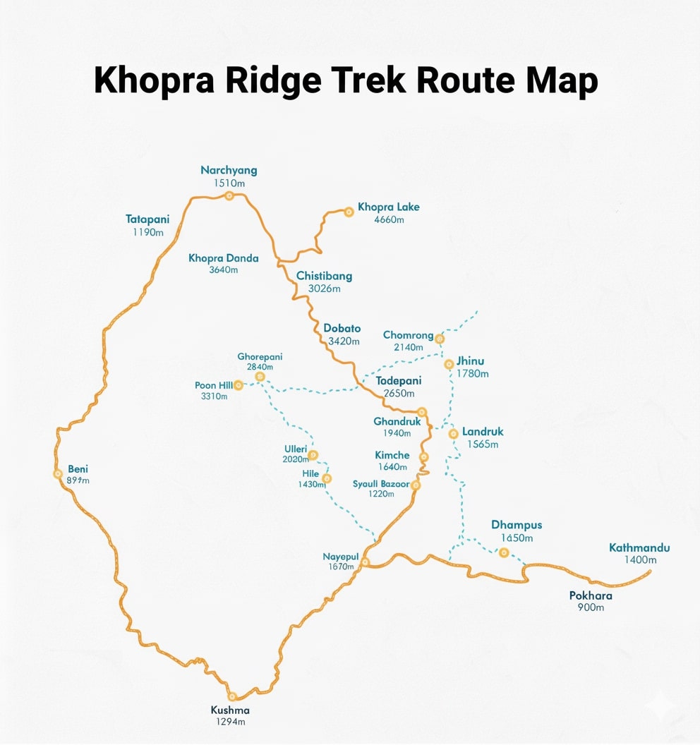 Route map of Khopra Ridge Trek - 11 Days